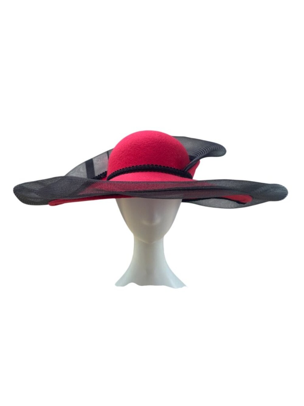 Wide Brim Red & Black Wool Fascinator Hat With Mesh Flower Detail Vintage Style
